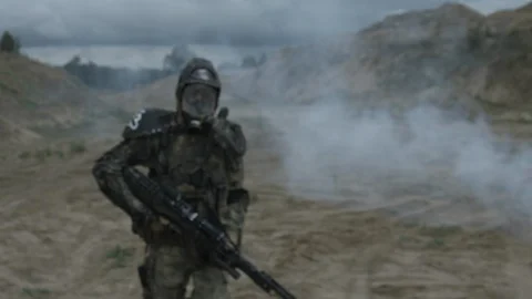 Apocalypse. A lonely warrior wanders through the wasteland. Stock Footage 95415103
