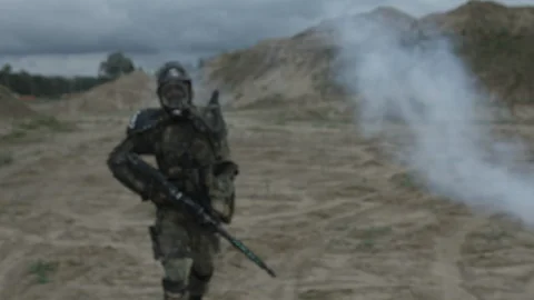 Apocalypse. A lonely warrior wanders through the wasteland. Stock Footage 95415222