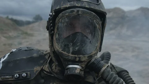 Apocalypse. A lonely warrior wanders through the wasteland. Stock Footage 95415287