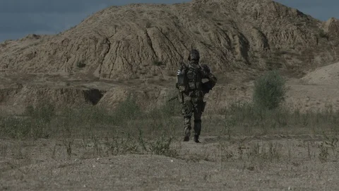 Apocalypse. A lonely warrior wanders through the wasteland. Stock Footage 95417116