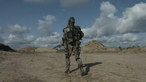 Apocalypse. A lonely warrior wanders through the wasteland. Stock Footage 95417135