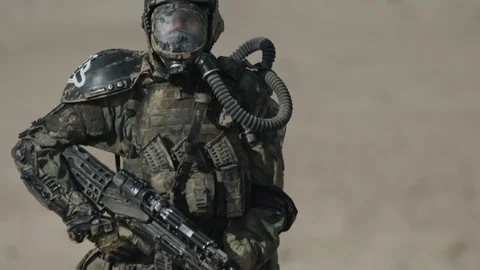 Apocalypse. A lonely warrior wanders through the wasteland. Stock Footage 95417404