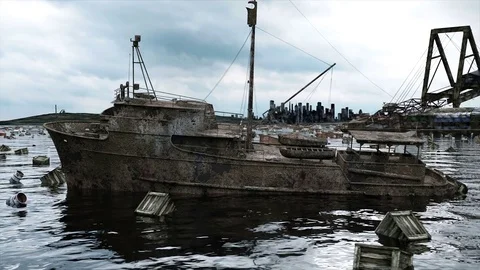 Apocalypse sea view. Destroyed bridge. Armageddon concept.realistic animation. 스톡 동영상 70674458