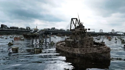 Apocalypse sea view. Destroyed bridge. Armageddon concept.realistic animation. Vidéo 70675459