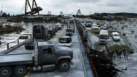 Apocalypse sea view. Destroyed bridge. Armageddon concept.realistic animation. Stock-Footage 70691697