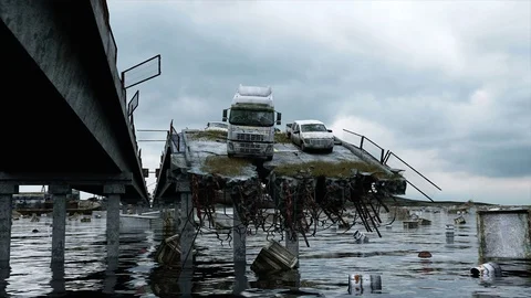 Apocalypse sea view. Destroyed bridge. Armageddon concept.realistic animation. Vidéo 70691788