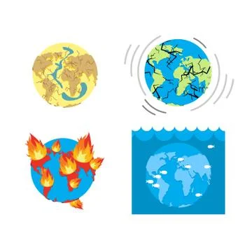 Apocalypse Types  end of world. Earth disasters. Set of catastrophes of Earth Stock Illustration