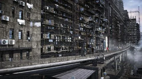 Apocalyptic city build. Overpopulation problem. Realistic 4k animation. 3d Stock Illustration