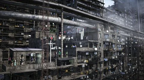 Apocalyptic city build. Overpopulation problem. Realistic 4k animation. 3d Stock Illustration
