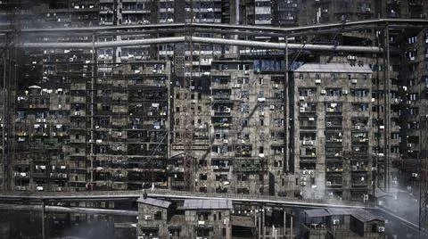 Apocalyptic city build. Overpopulation problem. Realistic 4k animation. 3d Stock Illustration