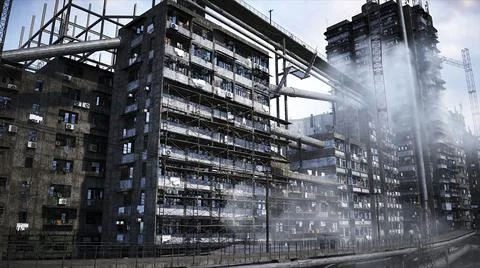 Apocalyptic city build. Overpopulation problem. Realistic 4k animation. 3d Stock Illustration