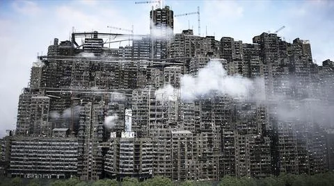 Apocalyptic city build. Overpopulation problem. Realistic 4k animation. 3d Stock Illustration