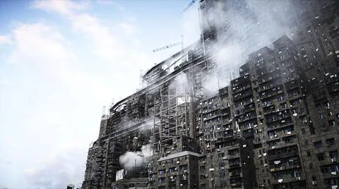 Apocalyptic city build. Overpopulation problem. Realistic 4k animation. 3d Stock Illustration