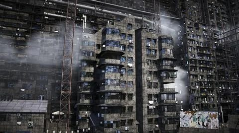 Apocalyptic city build. Overpopulation problem. Realistic 4k animation. 3d Stock Illustration