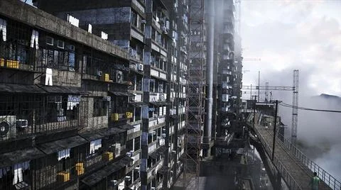 Apocalyptic city build. Overpopulation problem. Realistic 4k animation. 3d Stock Illustration