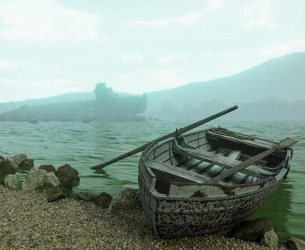 Apocalyptic concept background with old boat on the beach Stock Illustration