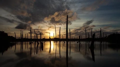 Apocalyptic dramatic clouds and sunset over lake, time-lapse. 스톡 동영상 50366870