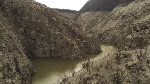 Apocalyptic landscape at empty hydro-electric installation - Aerial 4K Stock Footage 185958870