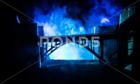 Apocalyptic ruins of the city. Disaster effect. Night scene. City destroyed b Stock Photos