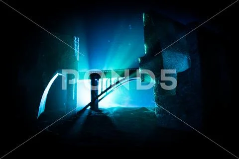 Apocalyptic ruins of the city. Disaster effect. Night scene. City destroyed b Stock Photos