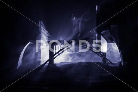 Apocalyptic ruins of the city. Disaster effect. Night scene. City destroyed b Stock Photos