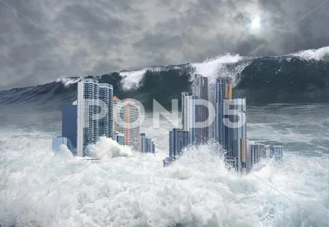 Apocalyptic scene of city submerged by tsunami Stock Photos