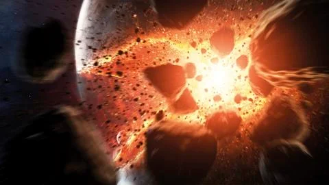 Apocalyptic space scene with an exploding planet. Illustrazione stock