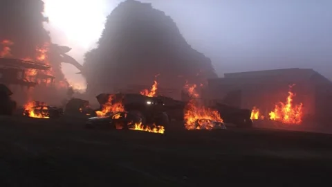 Apocalyptic war machine drives through a destroyed burning city. Stock Footage 313505185