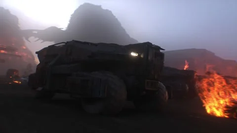 Apocalyptic war machine drives through a destroyed burning city. Stock Footage 313505201