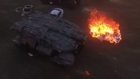 Apocalyptic war machine drives through a destroyed burning city. Stock Footage 313505217