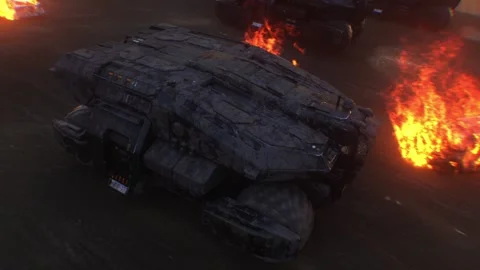 Apocalyptic war machine drives through a destroyed burning city. Stock Footage 313505223