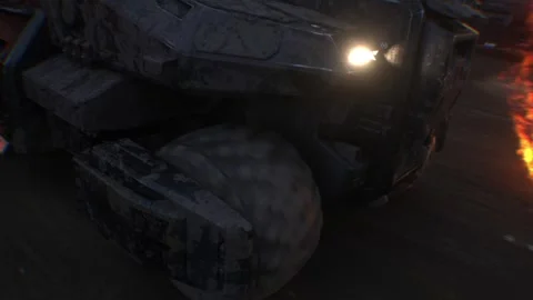Apocalyptic war machine drives through a destroyed burning city. Stock Footage 313505234