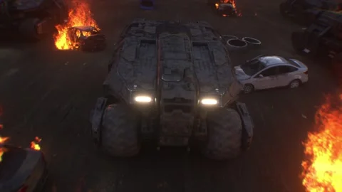 Apocalyptic war machine drives through a destroyed burning city. Stock Footage 313505236
