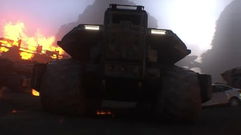 Apocalyptic war machine drives through a destroyed burning city. Stock Footage 313505240