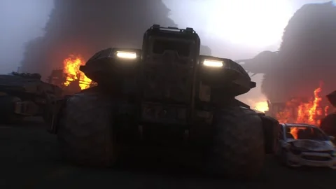 Apocalyptic war machine drives through a destroyed burning city. Stock Footage 313505246