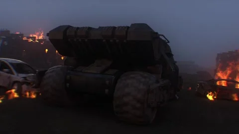 Apocalyptic war machine drives through a destroyed burning city. Stock Footage 313505250