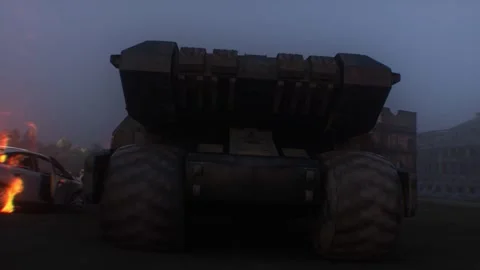 Apocalyptic war machine drives through a destroyed burning city. Stock Footage 313505251