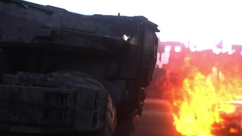 Apocalyptic war machine drives through a destroyed burning city. Stock Footage 313505265