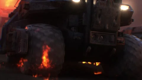 Apocalyptic war machine drives through a destroyed burning city. Stock Footage 313505273