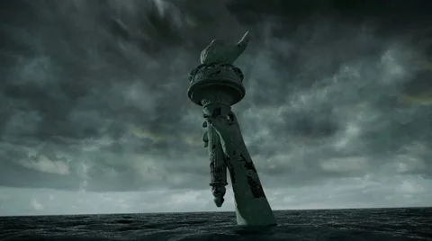 Apocalyptic water view. Old Statue of liberty in Storm. 3d animation Stock Footage 63343764