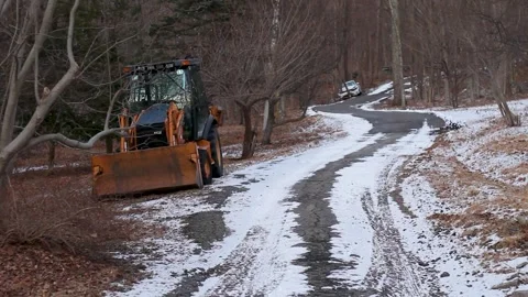 Apocalyptic Winter Road and Forest with Construction Vehicle and Crashed Car Video stock 301572800