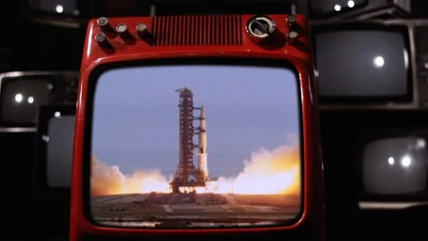 Apollo 11 Saturn V Launch on Red Vintage Television, NASA Historical Footage Stock Footage 112378658