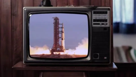 Apollo 11 Saturn V Launch on Retro Television Interrupted by Boy - 4K Stock Footage 150601118