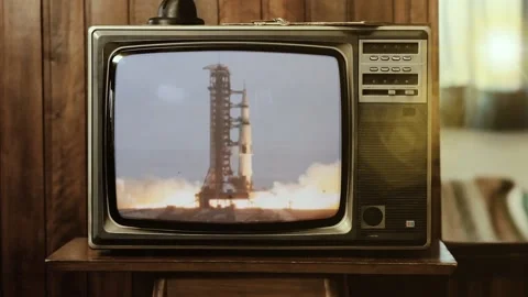 Apollo 11 Saturn V Rocket Launch on Vintage Television Screen, NASA 1969 Stock Footage 119046387