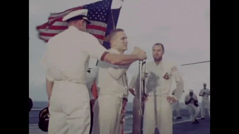 Apollo 6 crew arrive on the ship deck - 1968 Stock Footage 94340065