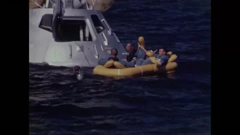 Apollo 8 back-up crew Buzz Aldrin, Neil Armstrong, Fred Haise in life-raft Stock Footage 271517877
