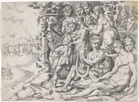 Apollo and his consequence; Apollo and the muses. Apollo is in a garden to... Fotos de archivo