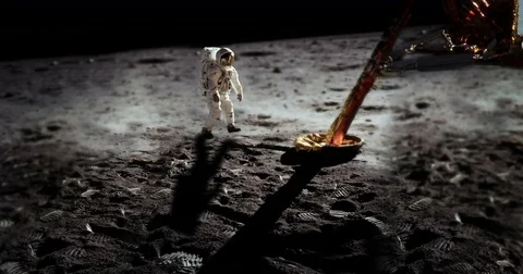 Apollo Astronaut on Moon Walking Leaping by Lunar Module Craft, 4K 库存影片 76376896