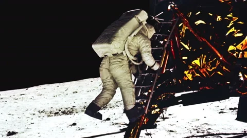 Apollo astronaut taking his first steps onto the moon slow zoom in Video stock 154668795