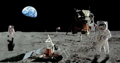 Apollo Astronauts Explores Moon Does Experiments Jumps by Spaceship Stock Footage 76377702